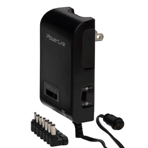 A black power adapter with many plugs on it