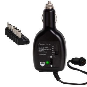 A car charger with multiple plugs and a black bottle.