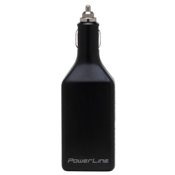 A black bottle with a silver logo on it.