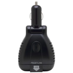 A black car charger with the power on button.