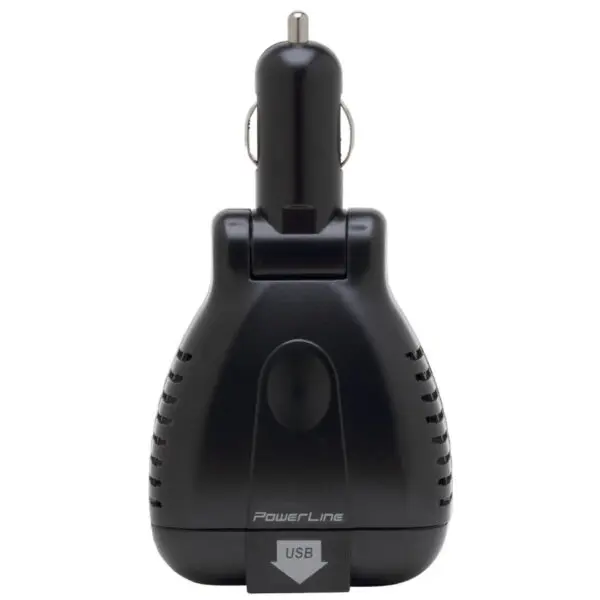 A black car charger with the power on button.