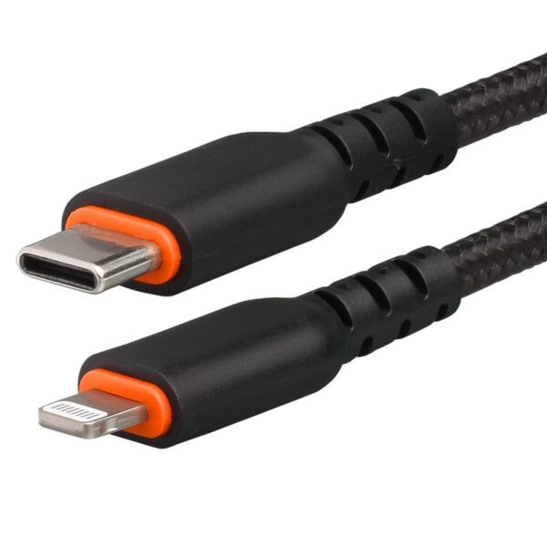 A black and orange cable is connected to the side of a phone.