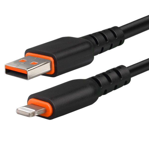 A black and orange cable is connected to an iphone.