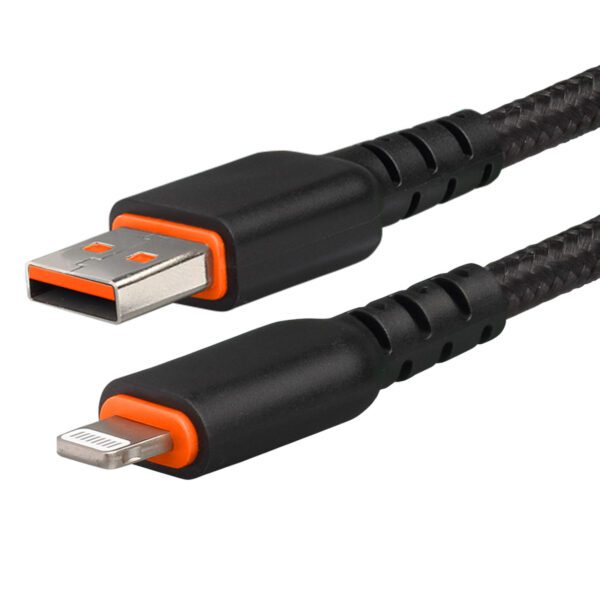 A black and orange cable is connected to an iphone.