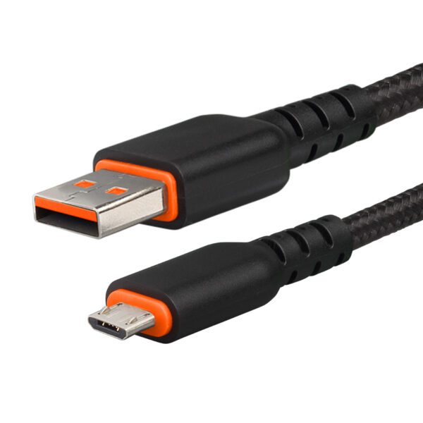 A black and orange cable is connected to the side of a phone.