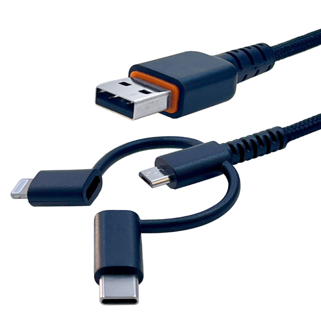 USB-A to 3-in-1 (micro-USB, USB-C, Lightning) cable