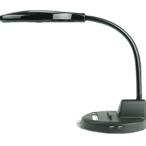 A desk lamp with a black base and a white light