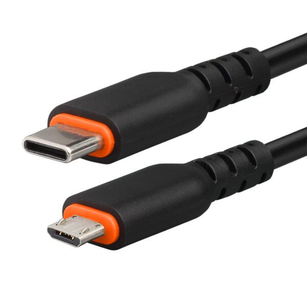 A black and orange cable with an end to end connection.