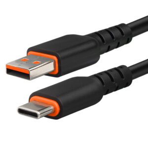 A black and orange usb cable is connected to the side of a wall.