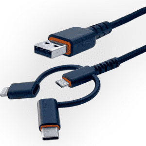 A black cable with an orange end and two different types of wires.