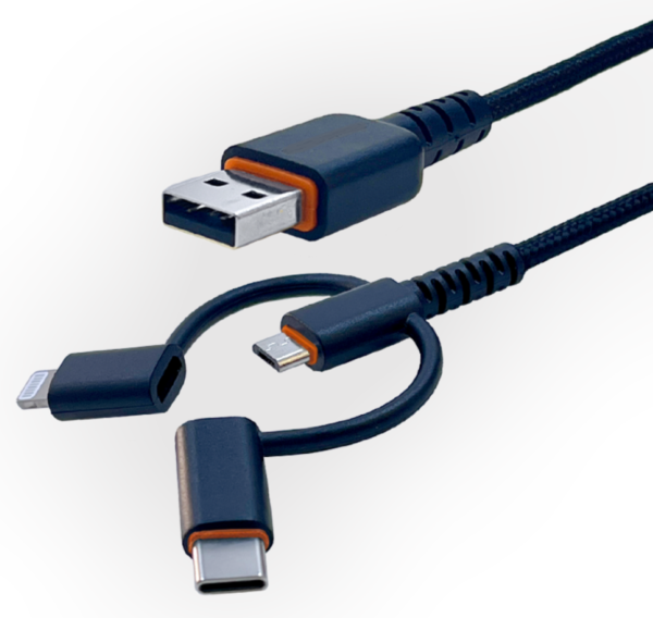 A black cable with an orange end and two different types of wires.