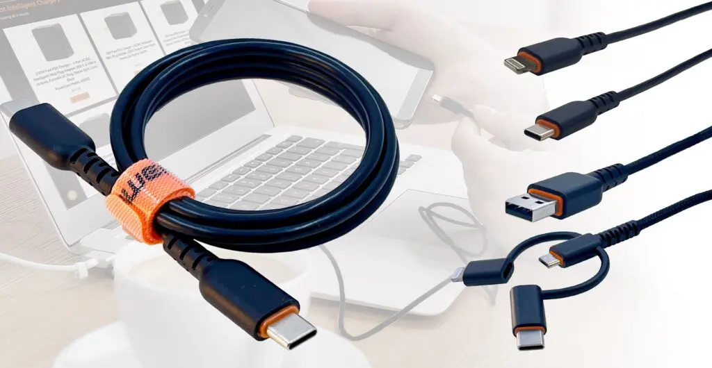 A laptop and several different types of cables.