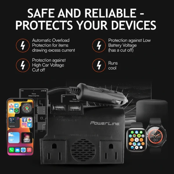 PowerLine Car Inverter <br>(150/200W, 2 AC Sockets, 2 USB A Ports, VPS 12V pass-through) <h4>Model: 90359</h4> - Image 6